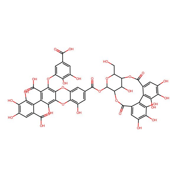 2D Structure of 1-(5-Carboxy-2,3-dihydroxyphenoxy)-3-(6-carboxy-2,3,4-trihydroxyphenyl)-8-[[6,7,8,11,12,13,22-heptahydroxy-21-(hydroxymethyl)-3,16-dioxo-2,17,20-trioxatetracyclo[16.3.1.04,9.010,15]docosa-4,6,8,10,12,14-hexaen-19-yl]oxycarbonyl]-4,6-dihydroxydibenzo-p-dioxin-2-carboxylic acid