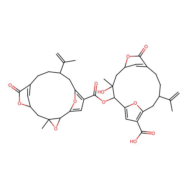 2D Structure of (2S,3S,5R,11S)-3-hydroxy-3-methyl-2-[(2R,4R,6R,12S)-4-methyl-8-oxo-12-prop-1-en-2-yl-3,7,17-trioxatetracyclo[12.2.1.16,9.02,4]octadeca-1(16),9(18),14-triene-15-carbonyl]oxy-7-oxo-11-prop-1-en-2-yl-6,16-dioxatricyclo[11.2.1.15,8]heptadeca-1(15),8(17),13-triene-14-carboxylic acid