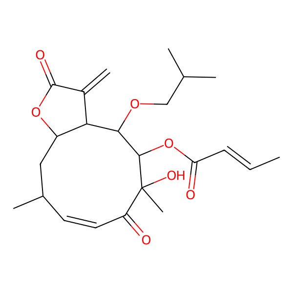 2D Structure of [6-Hydroxy-6,10-dimethyl-3-methylidene-4-(2-methylpropoxy)-2,7-dioxo-3a,4,5,10,11,11a-hexahydrocyclodeca[b]furan-5-yl] but-2-enoate