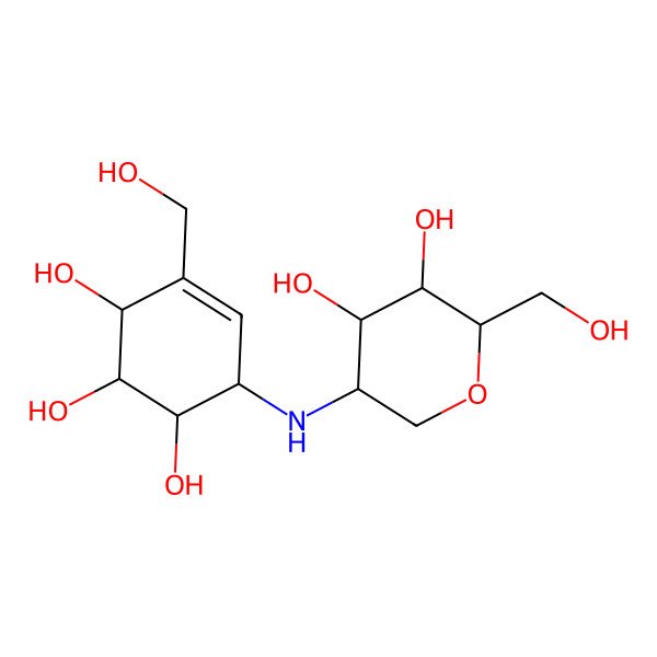 2D Structure of 6-(4,5-Dihydroxy-6-hydroxymethyl-tetrahydro-pyran-3-ylamino)-4-hydroxymethyl-cyclohex-4-ene-1,2,3-triol