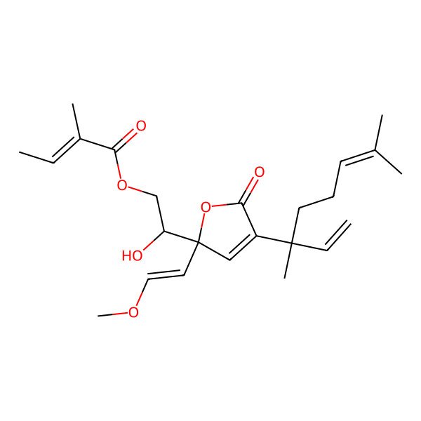 2D Structure of [(2R)-2-[(2R)-4-[(3S)-3,7-dimethylocta-1,6-dien-3-yl]-2-(2-methoxyethenyl)-5-oxofuran-2-yl]-2-hydroxyethyl] 2-methylbut-2-enoate