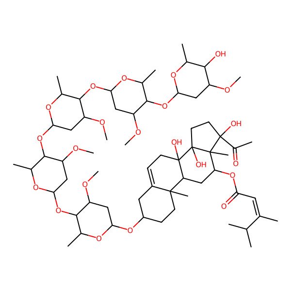 2D Structure of [(3S,8S,9R,10R,12R,13S,14R,17S)-17-acetyl-8,14,17-trihydroxy-3-[(2R,4S,5R,6R)-5-[(2S,4S,5R,6R)-5-[(2S,4R,5R,6R)-5-[(2S,4R,5R,6R)-5-[(2S,4R,5S,6S)-5-hydroxy-4-methoxy-6-methyloxan-2-yl]oxy-4-methoxy-6-methyloxan-2-yl]oxy-4-methoxy-6-methyloxan-2-yl]oxy-4-methoxy-6-methyloxan-2-yl]oxy-4-methoxy-6-methyloxan-2-yl]oxy-10,13-dimethyl-1,2,3,4,7,9,11,12,15,16-decahydrocyclopenta[a]phenanthren-12-yl] (E)-3,4-dimethylpent-2-enoate