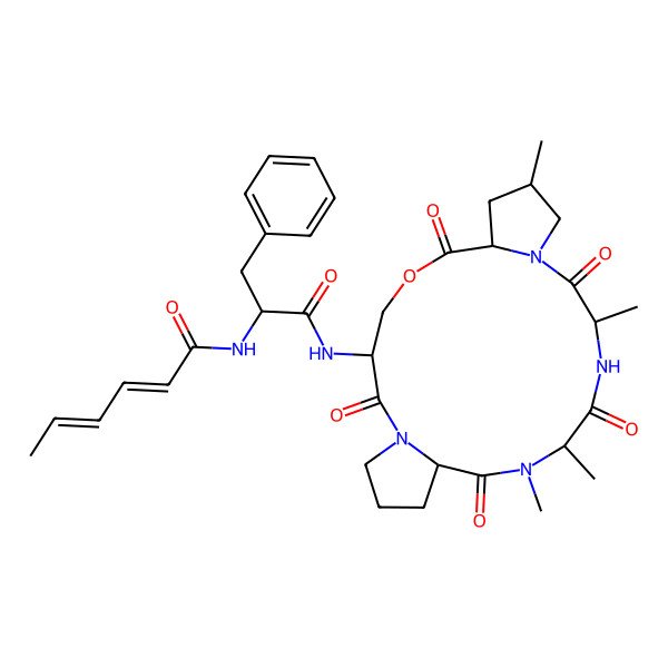 2D Structure of (2E,4E)-N-[(2S)-1-oxo-3-phenyl-1-[[(3S,7S,9R,13S,16S,19S)-9,13,16,17-tetramethyl-2,6,12,15,18-pentaoxo-5-oxa-1,11,14,17-tetrazatricyclo[17.3.0.07,11]docosan-3-yl]amino]propan-2-yl]hexa-2,4-dienamide