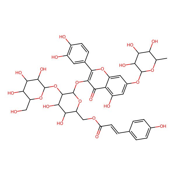 2D Structure of [(2R,3S,4S,5R,6S)-6-[2-(3,4-dihydroxyphenyl)-5-hydroxy-4-oxo-7-[(2S,3S,4R,5R,6R)-3,4,5-trihydroxy-6-methyloxan-2-yl]oxychromen-3-yl]oxy-3,4-dihydroxy-5-[(2S,3S,4S,5S,6S)-3,4,5-trihydroxy-6-(hydroxymethyl)oxan-2-yl]oxyoxan-2-yl]methyl (E)-3-(4-hydroxyphenyl)prop-2-enoate