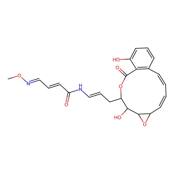 2D Structure of N-[3-(5,17-dihydroxy-2-oxo-3,7-dioxatricyclo[11.4.0.06,8]heptadeca-1(13),9,11,14,16-pentaen-4-yl)prop-1-enyl]-4-methoxyiminobut-2-enamide