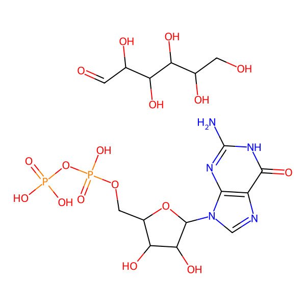 2D Structure of [(2R,3S,4R,5R)-5-(2-amino-6-oxo-1H-purin-9-yl)-3,4-dihydroxyoxolan-2-yl]methyl phosphono hydrogen phosphate;(2S,3S,4R,5R)-2,3,4,5,6-pentahydroxyhexanal