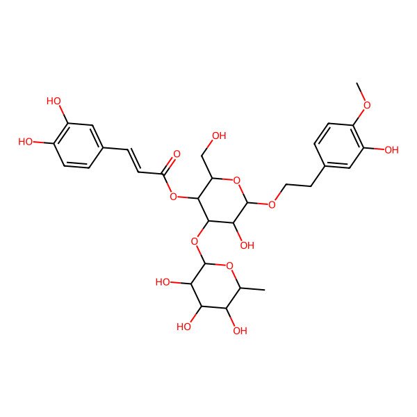 2D Structure of (2S,3S,4S,5S,6S)-5-Hydroxy-6-(3-hydroxy-4-methoxyphenethoxy)-2-(hydroxymethyl)-4-(((2R,3S,4S,5S,6R)-3,4,5-trihydroxy-6-methyltetrahydro-2H-pyran-2-yl)oxy)tetrahydro-2H-pyran-3-yl 3-(3,4-dihydroxyphenyl)acrylate