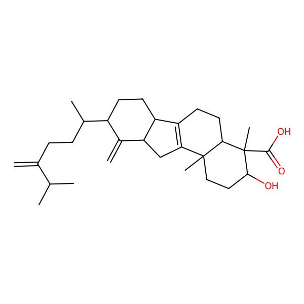 2D Structure of 3-Hydroxy-4,11b-dimethyl-10-methylidene-9-(6-methyl-5-methylideneheptan-2-yl)-1,2,3,4a,5,6,6b,7,8,9,10a,11-dodecahydrobenzo[a]fluorene-4-carboxylic acid