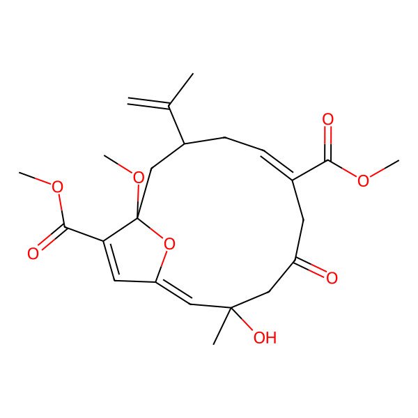 2D Structure of dimethyl (1R,3S,5E,10R,11Z)-10-hydroxy-1-methoxy-10-methyl-8-oxo-3-prop-1-en-2-yl-15-oxabicyclo[10.2.1]pentadeca-5,11,13-triene-6,14-dicarboxylate