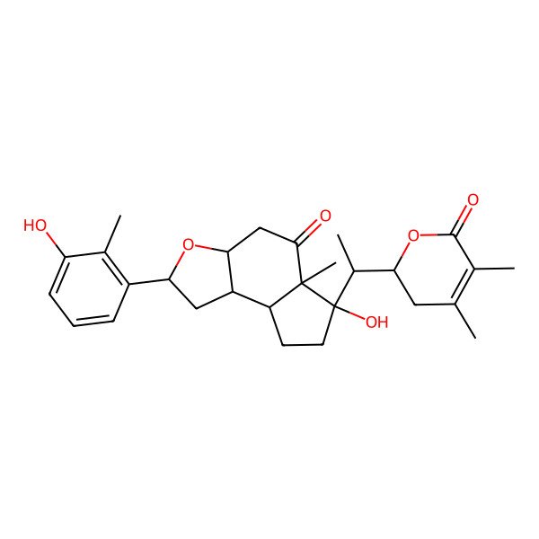 2D Structure of 6-[1-(4,5-Dimethyl-6-oxo-2,3-dihydropyran-2-yl)ethyl]-6-hydroxy-2-(3-hydroxy-2-methylphenyl)-5a-methyl-1,2,3a,4,7,8,8a,8b-octahydrocyclopenta[e][1]benzofuran-5-one