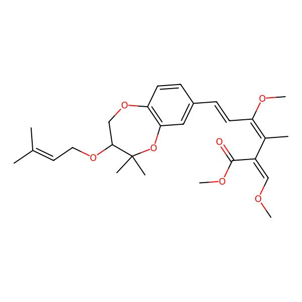 2D Structure of Methyl 6-[4,4-dimethyl-3-(3-methylbut-2-enoxy)-2,3-dihydro-1,5-benzodioxepin-7-yl]-4-methoxy-2-(methoxymethylidene)-3-methylhexa-3,5-dienoate