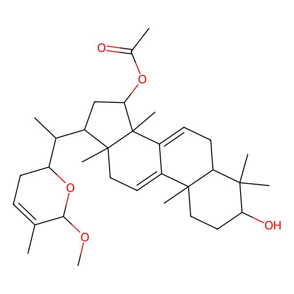 2D Structure of [(3S,5R,10S,13R,14R,15S,17R)-3-hydroxy-17-[(1S)-1-[(2S,6S)-6-methoxy-5-methyl-3,6-dihydro-2H-pyran-2-yl]ethyl]-4,4,10,13,14-pentamethyl-2,3,5,6,12,15,16,17-octahydro-1H-cyclopenta[a]phenanthren-15-yl] acetate