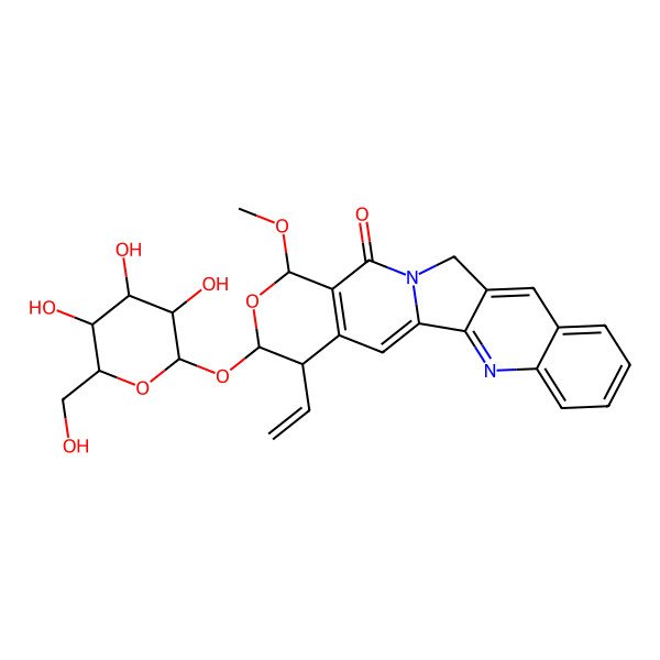 2D Structure of 19-Ethenyl-16-methoxy-18-[3,4,5-trihydroxy-6-(hydroxymethyl)oxan-2-yl]oxy-17-oxa-3,13-diazapentacyclo[11.8.0.02,11.04,9.015,20]henicosa-1(21),2,4,6,8,10,15(20)-heptaen-14-one