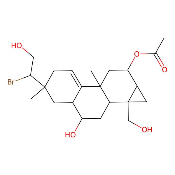 2D Structure of [(1aR,1bS,3R,3aR,5R,7bR,9R,9aR)-5-[(1R)-1-bromo-2-hydroxyethyl]-3-hydroxy-1a-(hydroxymethyl)-5,7b-dimethyl-1,1b,2,3,3a,4,6,8,9,9a-decahydrocyclopropa[a]phenanthren-9-yl] acetate