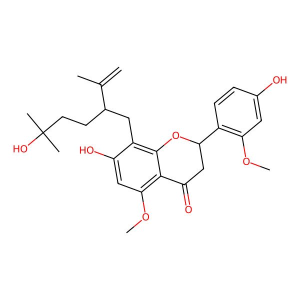 2D Structure of (2R)-7-hydroxy-2-(4-hydroxy-2-methoxyphenyl)-8-[(2S)-5-hydroxy-5-methyl-2-prop-1-en-2-ylhexyl]-5-methoxy-2,3-dihydrochromen-4-one
