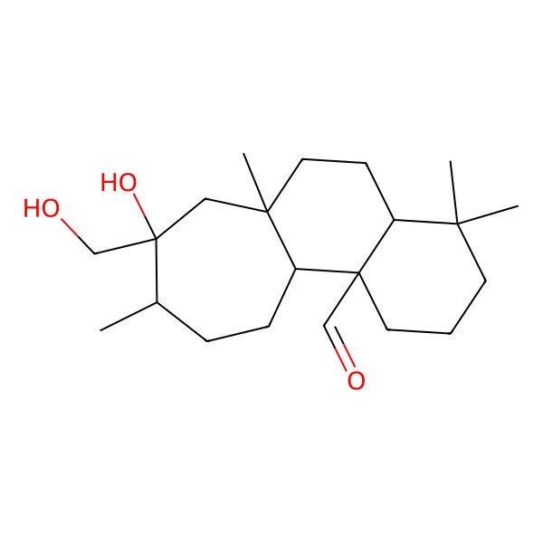 2D Structure of (4aR,6aR,8R,9S,11aR,11bR)-8-hydroxy-8-(hydroxymethyl)-4,4,6a,9-tetramethyl-2,3,4a,5,6,7,9,10,11,11a-decahydro-1H-cyclohepta[a]naphthalene-11b-carbaldehyde