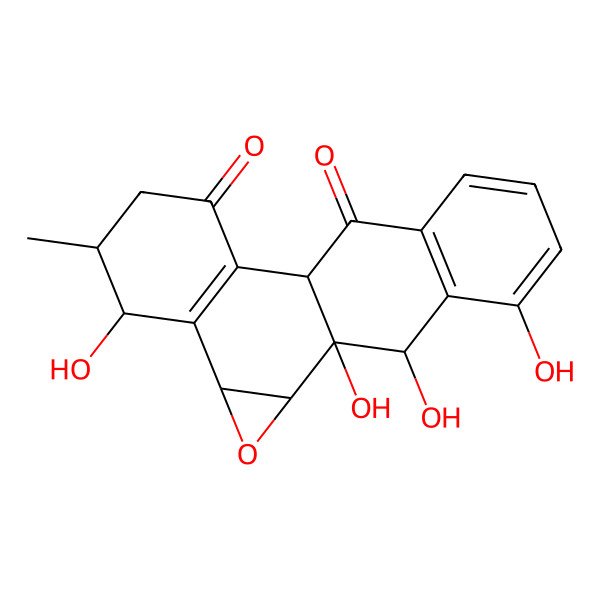 2D Structure of 1,6,17,19-Tetrahydroxy-7-methyl-3-oxapentacyclo[9.8.0.02,4.05,10.013,18]nonadeca-5(10),13(18),14,16-tetraene-9,12-dione