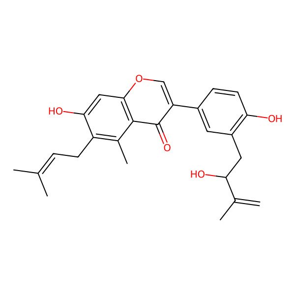 2D Structure of 7-Hydroxy-3-[4-hydroxy-3-(2-hydroxy-3-methylbut-3-enyl)phenyl]-5-methyl-6-(3-methylbut-2-enyl)chromen-4-one