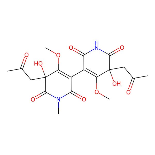 2D Structure of (3S)-3-hydroxy-5-[(5R)-5-hydroxy-4-methoxy-2,6-dioxo-5-(2-oxopropyl)pyridin-3-yl]-4-methoxy-1-methyl-3-(2-oxopropyl)pyridine-2,6-dione