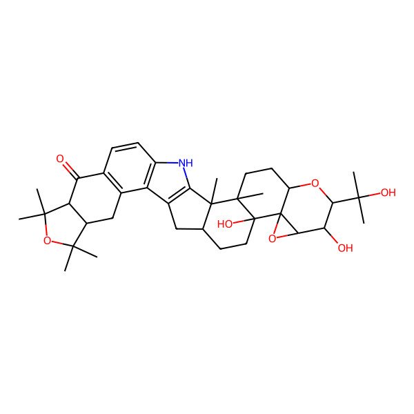 2D Structure of (2S,3R,6S,8S,13S,16S)-9,13-dihydroxy-8-(2-hydroxypropan-2-yl)-2,3,23,23,25,25-hexamethyl-7,11,24-trioxa-32-azanonacyclo[16.14.0.02,16.03,13.06,12.010,12.019,31.020,28.022,26]dotriaconta-1(18),19(31),20(28),29-tetraen-27-one