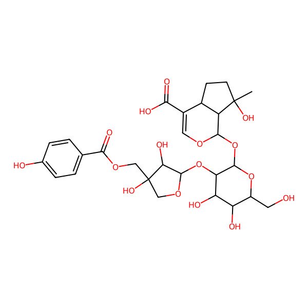 2D Structure of (1S,4aS,7S,7aS)-1-[(2S,3R,4S,5S,6R)-3-[(2R,3R,4S)-3,4-dihydroxy-4-[(4-hydroxybenzoyl)oxymethyl]oxolan-2-yl]oxy-4,5-dihydroxy-6-(hydroxymethyl)oxan-2-yl]oxy-7-hydroxy-7-methyl-4a,5,6,7a-tetrahydro-1H-cyclopenta[c]pyran-4-carboxylic acid