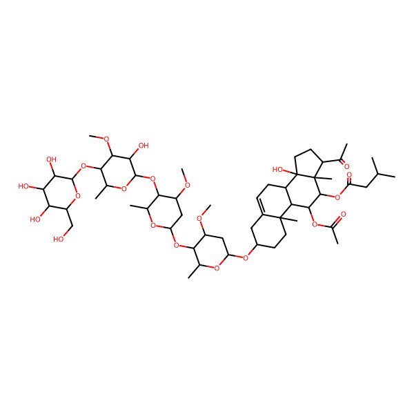 2D Structure of [(3R,8R,9S,10R,11S,12S,13S,14S,17S)-17-acetyl-11-acetyloxy-14-hydroxy-3-[(2R,4S,5R,6R)-5-[(2S,4S,5R,6R)-5-[(2S,3R,4S,5R,6R)-3-hydroxy-4-methoxy-6-methyl-5-[(2S,3R,4S,5S,6R)-3,4,5-trihydroxy-6-(hydroxymethyl)oxan-2-yl]oxyoxan-2-yl]oxy-4-methoxy-6-methyloxan-2-yl]oxy-4-methoxy-6-methyloxan-2-yl]oxy-10,13-dimethyl-1,2,3,4,7,8,9,11,12,15,16,17-dodecahydrocyclopenta[a]phenanthren-12-yl] 3-methylbutanoate