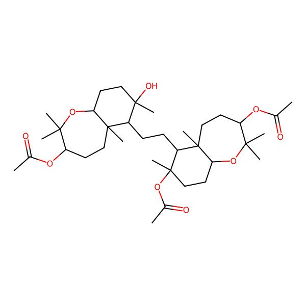 2D Structure of [(3S,5aS,6S,7R,9aS)-6-[2-[(3S,5aS,6S,7S,9aS)-3,7-diacetyloxy-2,2,5a,7-tetramethyl-4,5,6,8,9,9a-hexahydro-3H-benzo[b]oxepin-6-yl]ethyl]-7-hydroxy-2,2,5a,7-tetramethyl-4,5,6,8,9,9a-hexahydro-3H-benzo[b]oxepin-3-yl] acetate