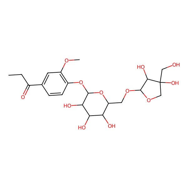 2D Structure of 1-[4-[(2S,3R,4S,5S,6R)-6-[[(2R,3R,4R)-3,4-dihydroxy-4-(hydroxymethyl)oxolan-2-yl]oxymethyl]-3,4,5-trihydroxyoxan-2-yl]oxy-3-methoxyphenyl]propan-1-one
