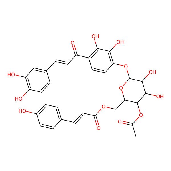 2D Structure of [3-Acetyloxy-6-[4-[3-(3,4-dihydroxyphenyl)prop-2-enoyl]-2,3-dihydroxyphenoxy]-4,5-dihydroxyoxan-2-yl]methyl 3-(4-hydroxyphenyl)prop-2-enoate