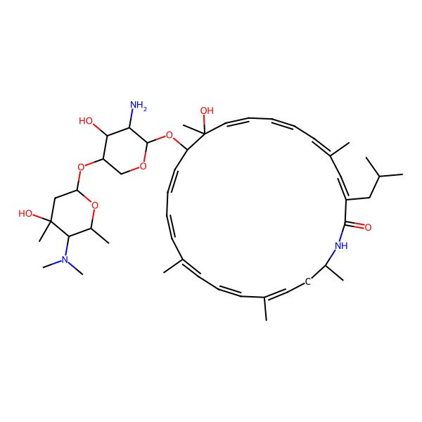2D Structure of 12-[3-Amino-5-[5-(dimethylamino)-4-hydroxy-4,6-dimethyloxan-2-yl]oxy-4-hydroxyoxan-2-yl]oxy-11-hydroxy-5,11,17,21,24-pentamethyl-3-(2-methylpropyl)-1-azacyclotetracosa-3,5,7,9,13,15,17,19,21-nonaen-2-one