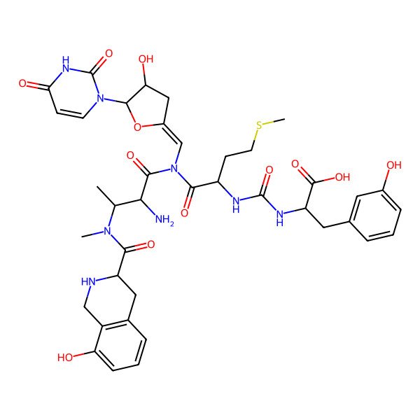2D Structure of Butanamide, N-(((1-carboxy-2-(3-hydroxyphenyl)ethyl)amino)carbonyl)methionyl-N-((5-(3,4-dihydro-2,4-dioxo-1(2H)-pyrimidinyl)dihydro-4-hydroxy-2(3H)-furanylidene)methyl)-N3-methyl-N3-((1,2,3,4-tetrahydro-8-hydroxy-3-isoquinolinyl)carbonyl)-D-2,3-diamino-