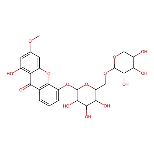 2D Structure of 1-Hydroxy-3-methoxy-5-[3,4,5-trihydroxy-6-[(3,4,5-trihydroxyoxan-2-yl)oxymethyl]oxan-2-yl]oxyxanthen-9-one