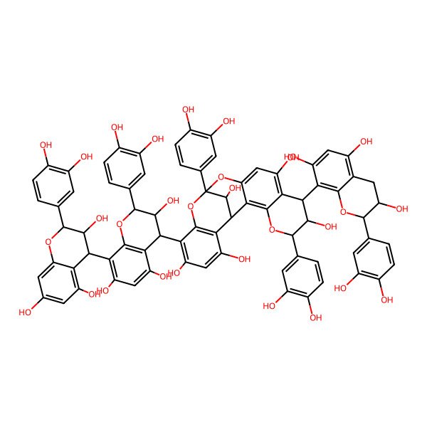 2D Structure of (1R,5R,6R,7S,13R,21R)-5,13-bis(3,4-dihydroxyphenyl)-16-[(2R,3R,4R)-2-(3,4-dihydroxyphenyl)-8-[(2R,3R,4R)-2-(3,4-dihydroxyphenyl)-3,5,7-trihydroxy-3,4-dihydro-2H-chromen-4-yl]-3,5,7-trihydroxy-3,4-dihydro-2H-chromen-4-yl]-7-[(2R,3S)-2-(3,4-dihydroxyphenyl)-3,5,7-trihydroxy-3,4-dihydro-2H-chromen-8-yl]-4,12,14-trioxapentacyclo[11.7.1.02,11.03,8.015,20]henicosa-2(11),3(8),9,15,17,19-hexaene-6,9,17,19,21-pentol