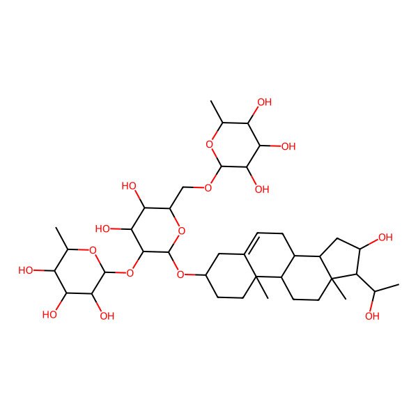 2D Structure of (2R,3R,4R,5R,6S)-2-[[(2R,3S,4S,5R,6R)-3,4-dihydroxy-6-[[(3S,8S,9S,10R,13S,14S,16S,17S)-16-hydroxy-17-[(1S)-1-hydroxyethyl]-10,13-dimethyl-2,3,4,7,8,9,11,12,14,15,16,17-dodecahydro-1H-cyclopenta[a]phenanthren-3-yl]oxy]-5-[(2S,3R,4R,5R,6S)-3,4,5-trihydroxy-6-methyloxan-2-yl]oxyoxan-2-yl]methoxy]-6-methyloxane-3,4,5-triol