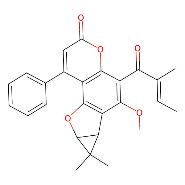 2D Structure of 8-methoxy-5,5-dimethyl-9-[(E)-2-methylbut-2-enoyl]-14-phenyl-3,11-dioxatetracyclo[8.4.0.02,7.04,6]tetradeca-1(10),2(7),8,13-tetraen-12-one