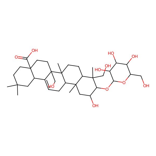 2D Structure of (4aS,6aR,6aR,6bR,8aR,9R,10R,11S,12aR,14bS)-11-hydroxy-6a,9-bis(hydroxymethyl)-2,2,6b,9,12a-pentamethyl-10-[(2R,3R,4S,5S,6R)-3,4,5-trihydroxy-6-(hydroxymethyl)oxan-2-yl]oxy-1,3,4,5,6,6a,7,8,8a,10,11,12,13,14b-tetradecahydropicene-4a-carboxylic acid