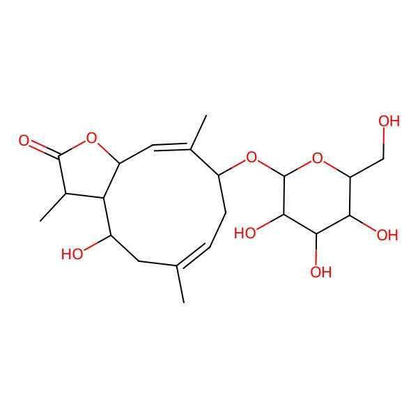 2D Structure of (3R,3aR,4S,6Z,9S,10E,11aS)-4-hydroxy-3,6,10-trimethyl-9-[(2S,3R,4S,5S,6R)-3,4,5-trihydroxy-6-(hydroxymethyl)oxan-2-yl]oxy-3a,4,5,8,9,11a-hexahydro-3H-cyclodeca[b]furan-2-one