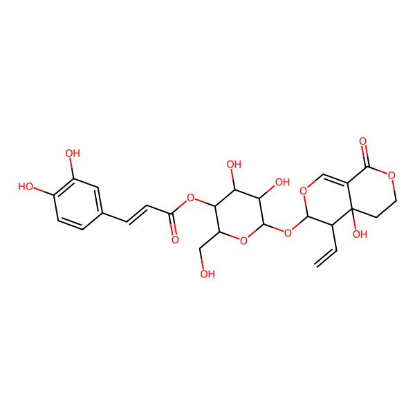 2D Structure of [6-[(4-Ethenyl-4a-hydroxy-8-oxo-3,4,5,6-tetrahydropyrano[3,4-c]pyran-3-yl)oxy]-4,5-dihydroxy-2-(hydroxymethyl)oxan-3-yl] 3-(3,4-dihydroxyphenyl)prop-2-enoate