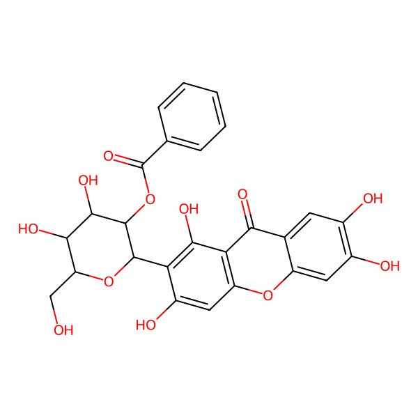 2D Structure of [(2S,3R,4S,5S,6R)-4,5-dihydroxy-6-(hydroxymethyl)-2-(1,3,6,7-tetrahydroxy-9-oxoxanthen-2-yl)oxan-3-yl] benzoate