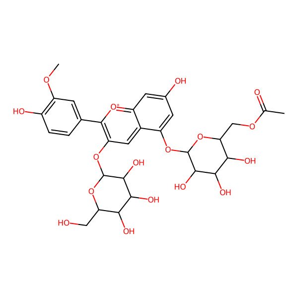 2D Structure of [(2S,3R,4S,5R,6S)-3,4,5-trihydroxy-6-[7-hydroxy-2-(4-hydroxy-3-methoxyphenyl)-3-[(2S,3R,4S,5R,6R)-3,4,5-trihydroxy-6-(hydroxymethyl)oxan-2-yl]oxychromenylium-5-yl]oxyoxan-2-yl]methyl acetate