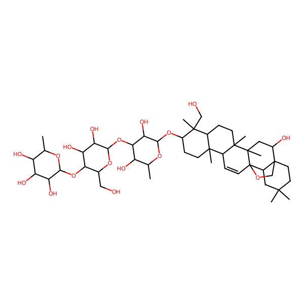 2D Structure of (2S,3R,4R,5R,6S)-2-[(2R,3S,4R,5R,6S)-6-[(2R,3R,4S,5S,6R)-3,5-dihydroxy-2-[[(1S,2S,4S,5R,8R,9R,10S,13S,14R,17S,18R)-2-hydroxy-9-(hydroxymethyl)-4,5,9,13,20,20-hexamethyl-24-oxahexacyclo[15.5.2.01,18.04,17.05,14.08,13]tetracos-15-en-10-yl]oxy]-6-methyloxan-4-yl]oxy-4,5-dihydroxy-2-(hydroxymethyl)oxan-3-yl]oxy-6-methyloxane-3,4,5-triol