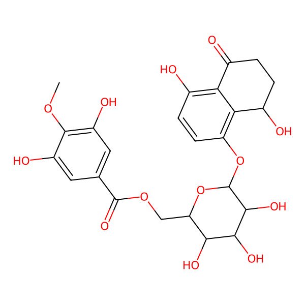 2D Structure of [(2R,3S,4S,5R,6S)-6-[[(8S)-4,8-dihydroxy-5-oxo-7,8-dihydro-6H-naphthalen-1-yl]oxy]-3,4,5-trihydroxyoxan-2-yl]methyl 3,5-dihydroxy-4-methoxybenzoate