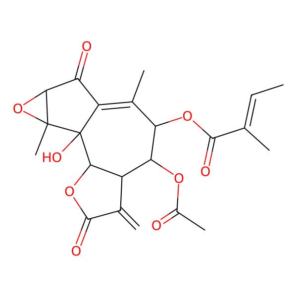 2D Structure of (7-Acetyloxy-1-hydroxy-9,14-dimethyl-5-methylidene-4,11-dioxo-3,13-dioxatetracyclo[8.4.0.02,6.012,14]tetradec-9-en-8-yl) 2-methylbut-2-enoate