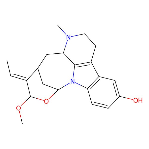 2D Structure of (2R,4R,5E,6R,8S)-5-ethylidene-4-methoxy-9-methyl-3-oxa-1,9-diazapentacyclo[10.6.1.12,6.08,19.013,18]icosa-12(19),13(18),14,16-tetraen-15-ol