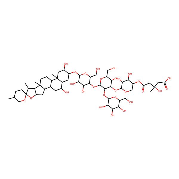 2D Structure of 5-[6-[2-[6-(15,19-Dihydroxy-5',7,9,13-tetramethylspiro[5-oxapentacyclo[10.8.0.02,9.04,8.013,18]icosane-6,2'-oxane]-16-yl)oxy-4,5-dihydroxy-2-(hydroxymethyl)oxan-3-yl]oxy-5-hydroxy-6-(hydroxymethyl)-3-[3,4,5-trihydroxy-6-(hydroxymethyl)oxan-2-yl]oxyoxan-4-yl]oxy-4,5-dihydroxyoxan-3-yl]oxy-3-hydroxy-3-methyl-5-oxopentanoic acid