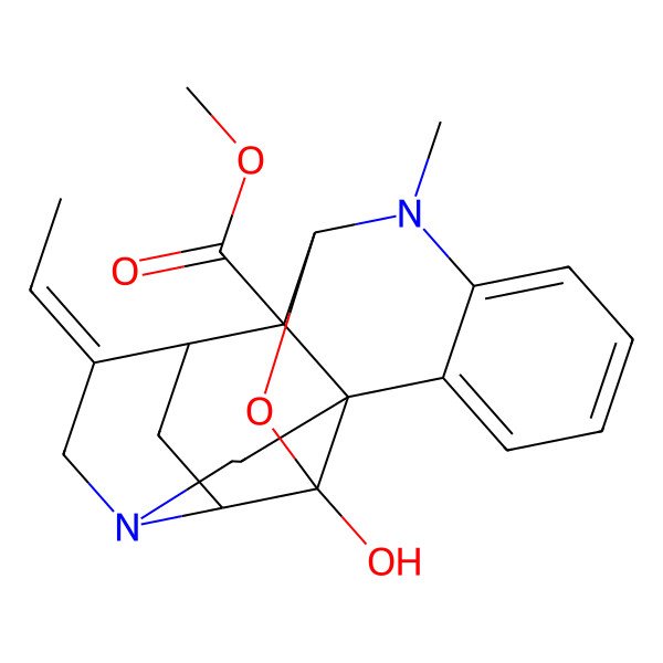 2D Structure of methyl (1S,6Z,7S,9S,10S,12S,20R)-6-ethylidene-10-hydroxy-13-methyl-11-oxa-4,13-diazahexacyclo[10.7.1.01,10.04,9.07,20.014,19]icosa-14,16,18-triene-20-carboxylate