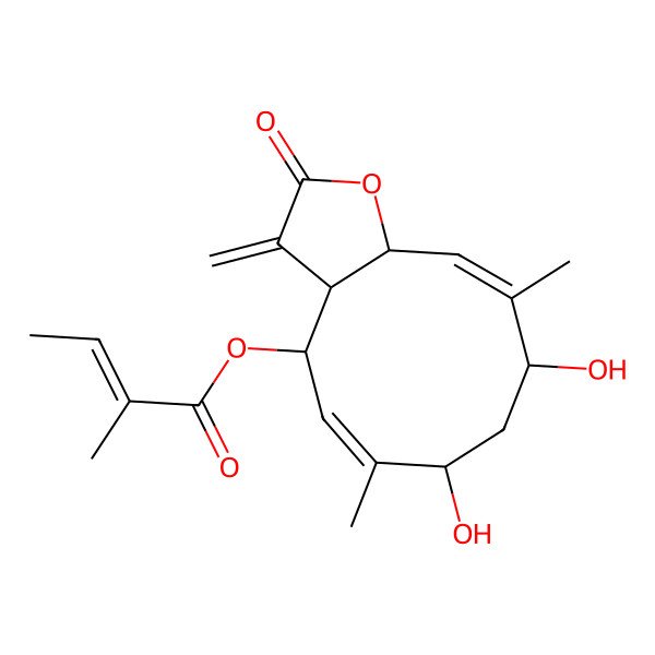 2D Structure of (7,9-Dihydroxy-6,10-dimethyl-3-methylidene-2-oxo-3a,4,7,8,9,11a-hexahydrocyclodeca[b]furan-4-yl) 2-methylbut-2-enoate