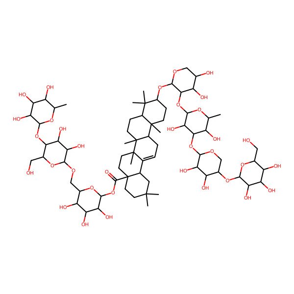 2D Structure of [(2S,3R,4S,5S,6R)-6-[[(2R,3R,4R,5S,6R)-3,4-dihydroxy-6-(hydroxymethyl)-5-[(2S,3R,4R,5R,6S)-3,4,5-trihydroxy-6-methyloxan-2-yl]oxyoxan-2-yl]oxymethyl]-3,4,5-trihydroxyoxan-2-yl] (4aS,6aR,6aS,6bR,8aR,10S,12aR,14bS)-10-[(2S,3R,4S,5S)-3-[(2S,3R,4R,5S,6S)-4-[(2S,3R,4R,5R)-3,4-dihydroxy-5-[(2S,3R,4S,5S,6R)-3,4,5-trihydroxy-6-(hydroxymethyl)oxan-2-yl]oxyoxan-2-yl]oxy-3,5-dihydroxy-6-methyloxan-2-yl]oxy-4,5-dihydroxyoxan-2-yl]oxy-2,2,6a,6b,9,9,12a-heptamethyl-1,3,4,5,6,6a,7,8,8a,10,11,12,13,14b-tetradecahydropicene-4a-carboxylate