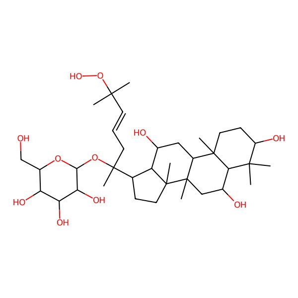 2D Structure of (2S,3R,4S,5R,6R)-2-[(E,2R)-6-hydroperoxy-6-methyl-2-[(3S,5R,6S,8R,9R,10R,12R,13R,14R,17S)-3,6,12-trihydroxy-4,4,8,10,14-pentamethyl-2,3,5,6,7,9,11,12,13,15,16,17-dodecahydro-1H-cyclopenta[a]phenanthren-17-yl]hept-4-en-2-yl]oxy-6-(hydroxymethyl)oxane-3,4,5-triol