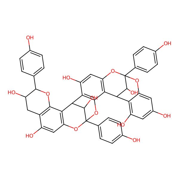 2D Structure of (1R,7S,15R,19R,26R,27R,31R,32R)-7,19,27-tris(4-hydroxyphenyl)-6,8,18,20,28-pentaoxaoctacyclo[17.11.1.17,15.02,17.05,16.09,14.021,30.024,29]dotriaconta-2(17),3,5(16),9,11,13,21(30),22,24(29)-nonaene-3,11,13,23,26,31,32-heptol